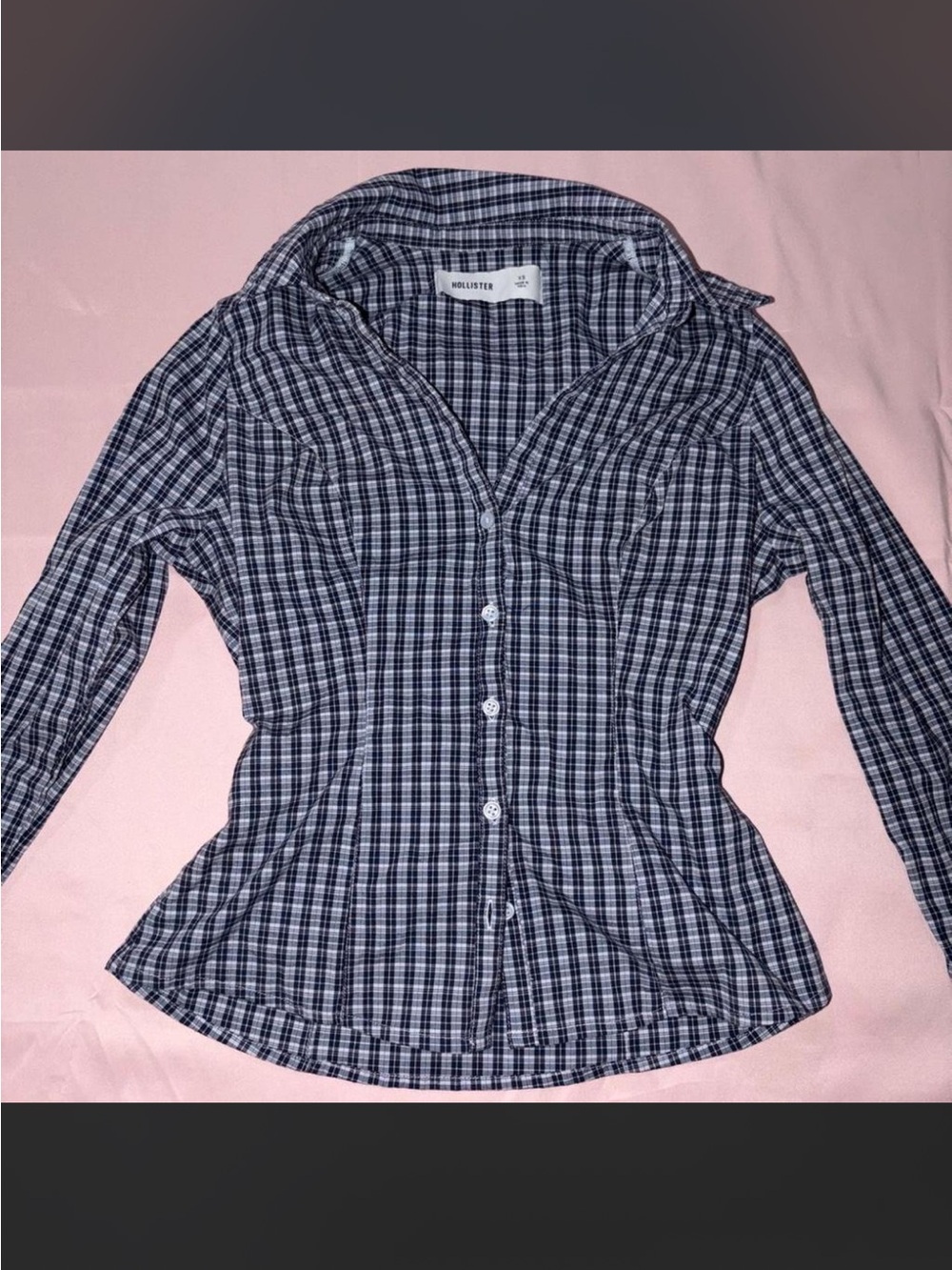 Hollister Navy and white plaid button up shirt